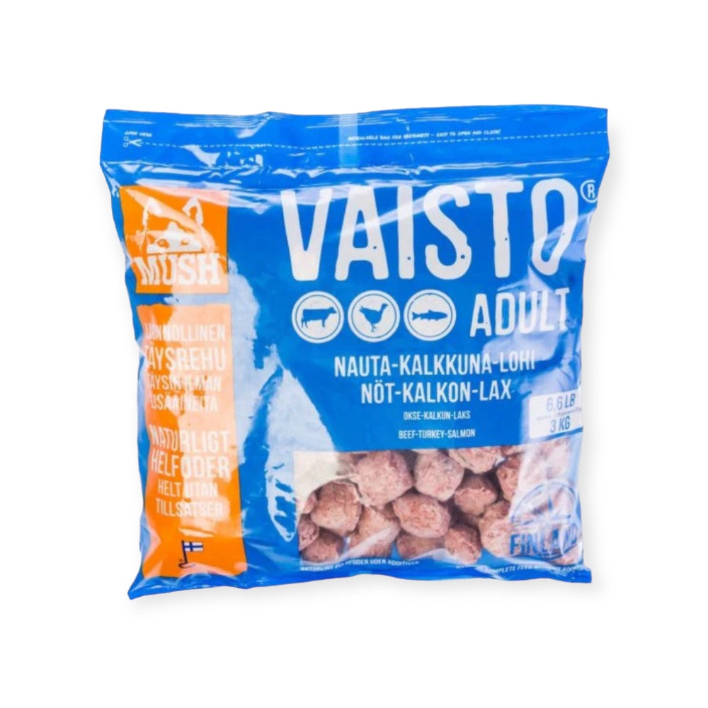 MUSH Vaisto Barf med smag af kalkun, okse og laks. Et naturligt råd foder til din hund.
