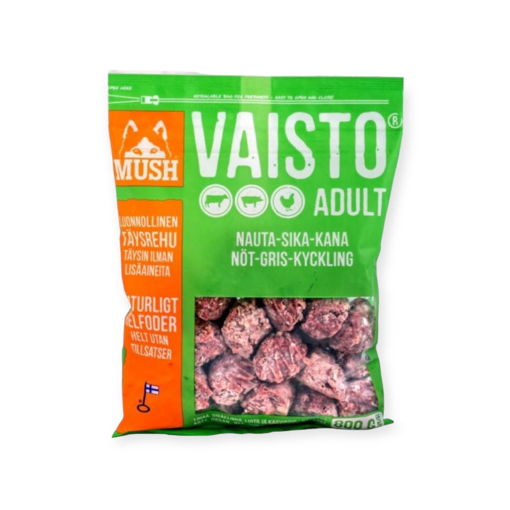 MUSH Vaisto Barf til hunde med smag af kylling, okse og gris. Et naturligt råt hundefoder